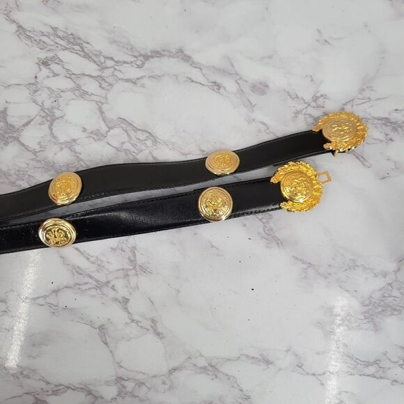 Black Leather Belt with Gold Toned Crest Medallions Conchos - Picture 9 of 12